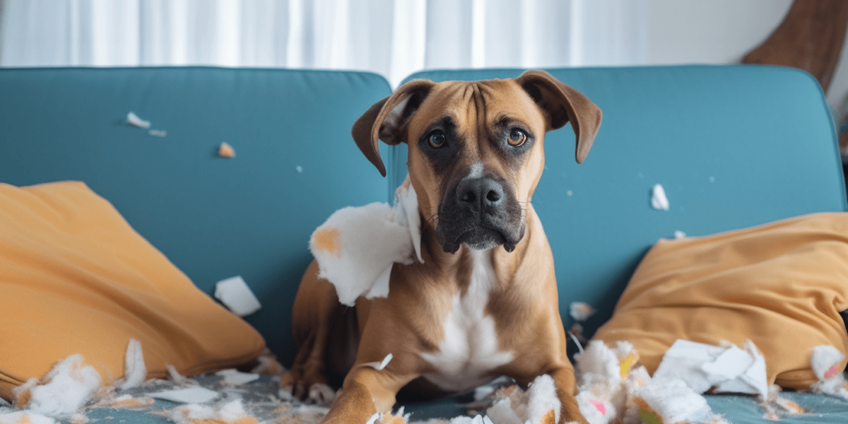 Chien dans le canapé avec des coussins déchirés